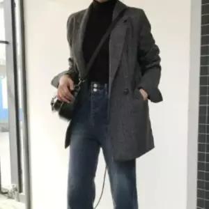 여성 세미오버핏 더블버튼 체크 롤업 소매 자켓