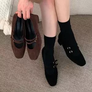 여자 하객룩 더블 슬림 메리제인 가죽 미들힐 구두