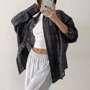 여자 큰사이즈 카라넥 얇은 벌룬 롱슬리브 체크남방 셔츠