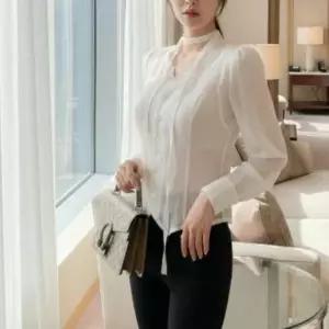 [하프클럽/다잇템]여성 비침 V넥 시폰 리본 페미닌 블라우스