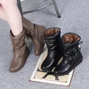 [신상오픈런]리본 테슬 빈티지 방한 인조가죽 여성 털부츠 통굽 (28753978)