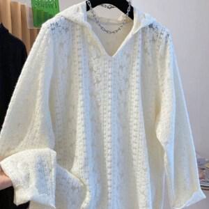 COSYEVNO 봄가을 여성 후드티 패션 캐주얼 펀칭 브이넥 순색의 레이스 상의