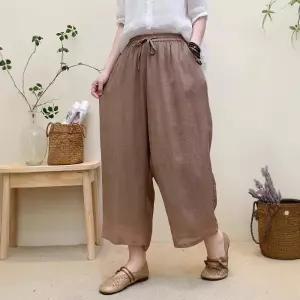 바지 여성용 캐주얼 봄 여름 루즈핏 솔리드 이중 허리끈 배기 마 모시 밴딩 7부 원픽1