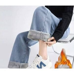 부엉구구 OW0004A 여성 겨울 캐주얼 기모 일자 루즈핏 데님 팬츠