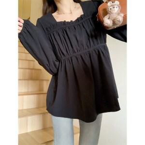 부엉구구 OW00350A 여성 봄 가을 루즈핏 셔링 프릴 스퀘어넥 긴팔 셔츠 블라우스