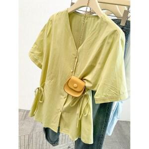 부엉구구 OW0252A 여성 여름 캐주얼 루즈핏 빅사이즈 브이넥 반팔 셔츠 블라우스