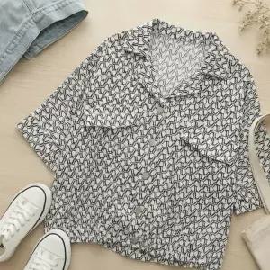 여성 여름 캐주얼 루즈핏 패턴 카라 반소매 셔츠