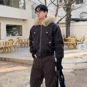 남자 크롭 겨울 봄버 라쿤 후드 숏패딩 점퍼