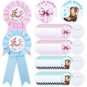 부츠 또는 리본 성별 공개 장식 52개 - 엄마와 아빠가 될 배지 핀 및 버튼 50개, 카우보이 카우걸 블루 핑크 베이비 샤워 파티 선물 용품 DS-JA
