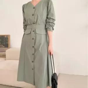 [신상오픈런]셔링 긴팔 브이넥 허리벨트 트렌치원피스 에이라인 (31613007)