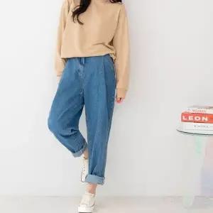 여자 중청 핀턱 오버핏 뒷밴딩 배기 데님 롤업 청바지_19943437_667501