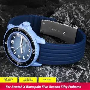 Swatch X Blancpain Five Oceans Fifty Fathoms 시계 밴드 고무 손목 배포 버클 스포츠 용 실리콘 스트랩