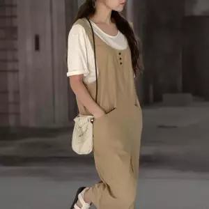 [신상오픈런]여성 여름 린넨 와이드 점프수트 버튼 디테일 뒤트임 오버롤 (35836474)