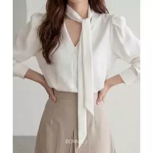 [보니앤제이]실키 스카프 리본 타이 셔링 블라우스 + 핀턱 주름 A라인 롱 스커트 투피스 세트.._P41858...