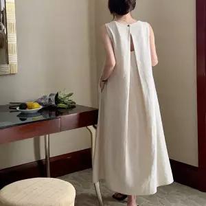 [블루마켓]심플 뒷트임 세련 고급스러운 린넨 하객룩 롱 원피스 심플룩 롱원피스 여름원피스 나시원피스 여