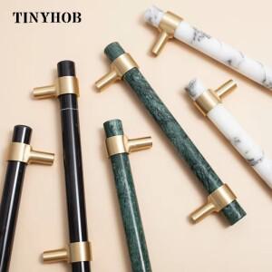 천연 대리석 블랙 크리스탈 + 황동 T 바 캐비닛 문짝 서랍 가구, 긴 손잡이 단단한 작은 당김 홈 데코