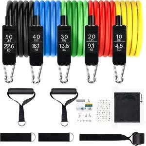 저항 밴드 세트 운동 핸들이 있는 최대 150파운드 컬러 코딩 가이드 보관 가방