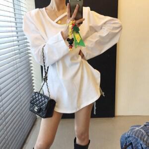 사선 띠 유넥 언발 트임 어깨패드 루즈핏 긴팔 롱 티셔츠 (2color)