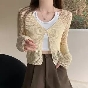 [하프클럽/]여자 그물 니트 시스루 원버튼 긴팔 가디건