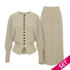 [롯데백화점]샐리 버튼 슬릿 골지 니트 스커트 세트_I4C-CSE013