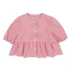 [빈](강남점)BZ22BL02RD  레드 고방체크 리본 브라우스