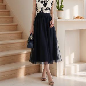 아엘리에 블랙 롱 레이스 샤스커트 쉬폰 망사 플레어 밴딩 셀프웨딩 롱원피스 스커트