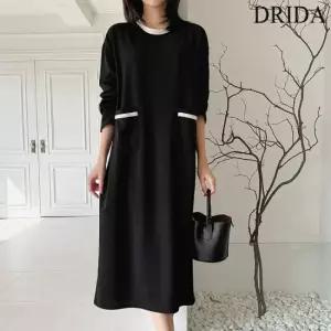 드리다 여성 봄 가을 포켓 배색 빅사이즈 롱 스판 원피스 40-50대 미시 중년여성 엄마옷 캐주얼 미시 등원