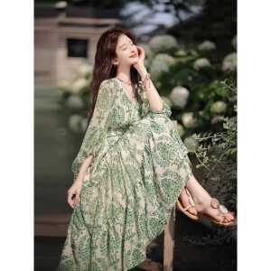 여성용 에메랄드 휴양지룩 제품 패턴 페이즐리 그린 드레스 롱 바캉스룩 원피스