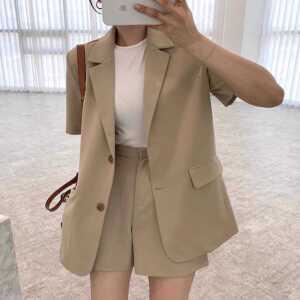 3컬러 여성용 자켓 반소매 제품 세트 반바지 하의 반기장 상의 투피스