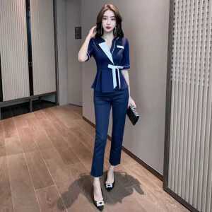 빅사이즈 홀복투피스 언발라펠라인 여름정장 제품 반팔 허리리본장식