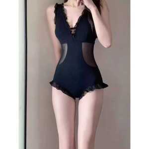 여성용 블랙 시스루 프릴 일체형 원피스 수영복 제품 V넥 검은색
