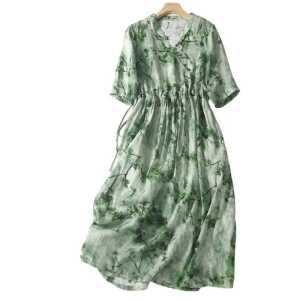 린넨 반소매 원피스 데일리룩 일상복 리조트룩 제품 드레스 그린