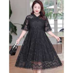빅사이즈 5XL 여성용 원피스 레이스 제품 드레스 검은색 블랙