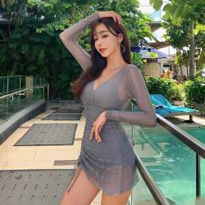 심플 메쉬 체형커버 몸매보정 온천 모노키니 긴팔 제품 브이넥 휴가 수영복 시스루 호캉스