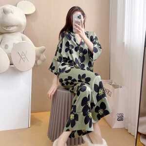 아이스 실크 재질 패턴 세트 플라워 파자마 잠옷 상하의 제품 여성용