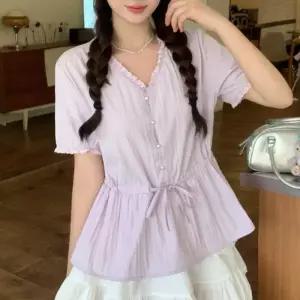 ONM 여성 데일리 브이넥 셔링 블라우스 프릴 페플럼