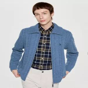 헤지스 남성 25FW [시즌오프][아이코닉] 스카이 블루 하이넥 울 케이블 방풍 집업 HZSW5D327B3