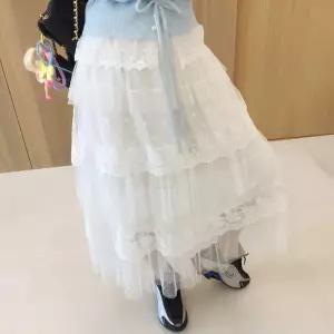 이프 프릴 레이스자수 시스루도트 캉캉 티어드 밴딩 롱스커트 (2color)