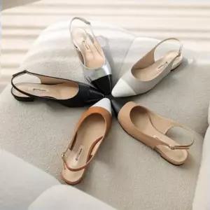 국내제작 투톤 배색 스트랩 슬링백 미들굽 플랫Y