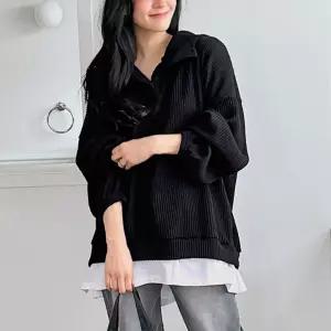 골지 후드 니트 긴팔 오버핏 밑단레이어드 니트티 여성 빅사이즈