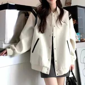 야구점퍼 캐주얼점퍼 블루종 여성벨트패딩 배색 화이트 가을겨울 기모안감 양털집업 스냅버튼