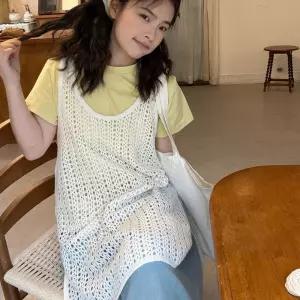 옆트임 포인트 라운드 그물 통기성 여성 펀칭 롱조끼