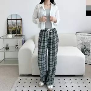 ACC SS1009W 여자 여름 시원 찰랑 쿨소재 체크 핀턱 와이드 밴딩 팬츠