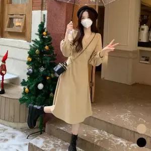 코듀로이 소재 브이넥 매력적인 A라인 허리끈 패션 원피스 카라원피스