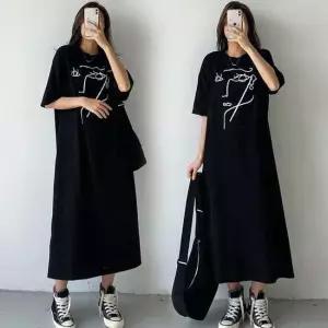 롱원피스 여성 페이스 프린팅 라운드 반팔 원피스 URK-343