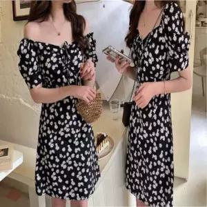 반팔원피스 오프숄더 퍼프 소매 플라워 꽃무늬 셔링 미니 원피스