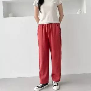 여자 여름 시원한 여자슬랙스 소재 인견 두 버튼 포인트 밴딩 여성바지 일자 긴바지