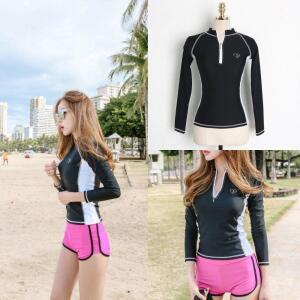 반집업 배색 래쉬가드 반지퍼 화이트 슬림핏 베이직 배색라인 비치웨어