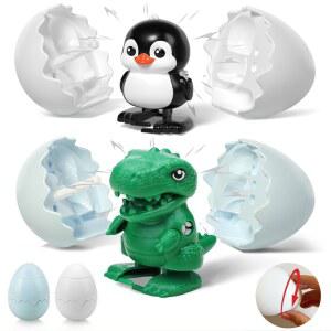 2팩 와인드업 서프라이즈 에그, 어린이용 소년 펭귄 장난감, 공룡 시계공 가능한 알 소녀 생일 해치 달걀 부화 재사용 장난감 장난감에 고정, 크리스마스 부활절 걷는