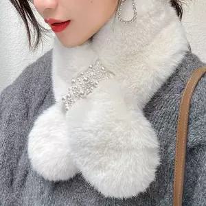 여성 패션 진주 넥 퍼 워머 여성 목도리 화이트